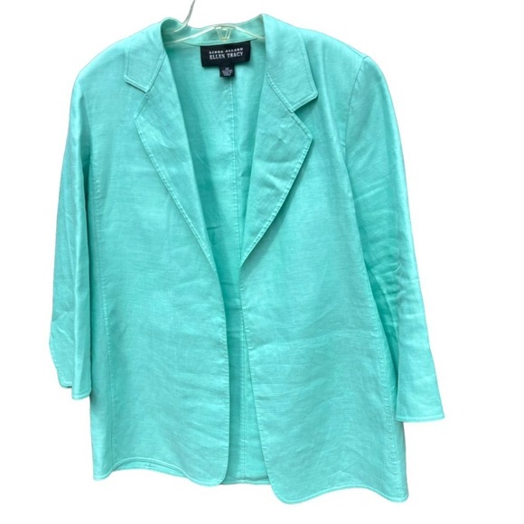Linda Allard Ellen Tracy Linen Turquoise Blue Heavy Linen Open Blazer - Picture 1 of 7